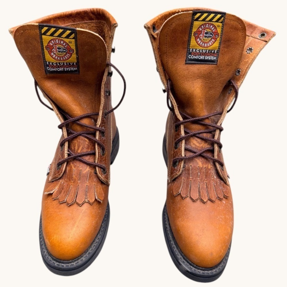 Vtg Justin Boots Size 7B 90s Originals Lace-Up Round Toe Work Boots Made In USA